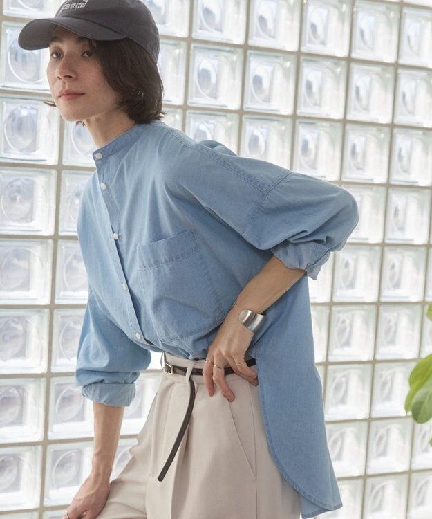 WEGO 【ANGIE VINTAGE】シアーデニムバンドカラーシャツ サックス