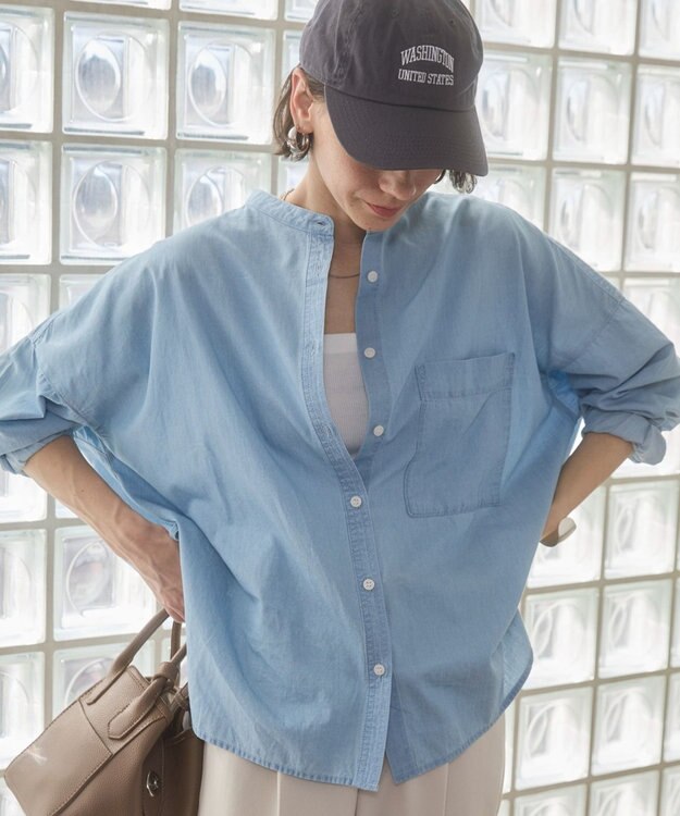 WEGO 【ANGIE VINTAGE】シアーデニムバンドカラーシャツ サックス