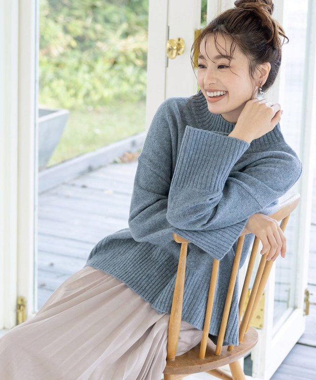 Tiaclasse L 【洗える】モックネックポインテルニットトップス ブルー