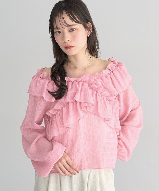 earth music&ecology シアーチェック2wayオフショルブラウス Pink