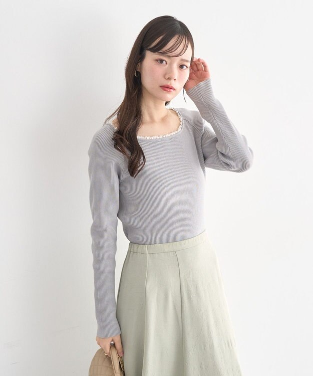 earth music&ecology 【予約】レーストリムリブニットプルオーバー グレー