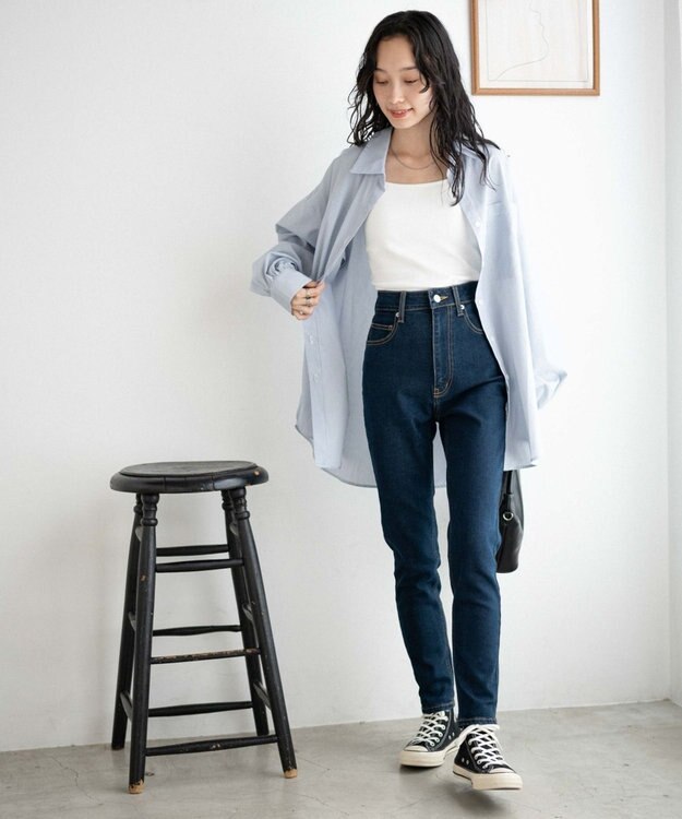 WEGO ハイウエストストレッチスキニーパンツ デニム濃色