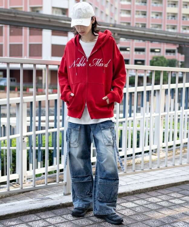 WEGO 【25年秋冬新作/ユニセックス着用ITEM/SMLサイズ展開】グラフィックロゴダブルZIPパーカー レッド