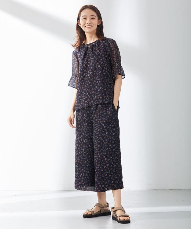 J.PRESS LADIES 【洗える】楊柳フラワープリント キュロット パンツ ネイビー系5