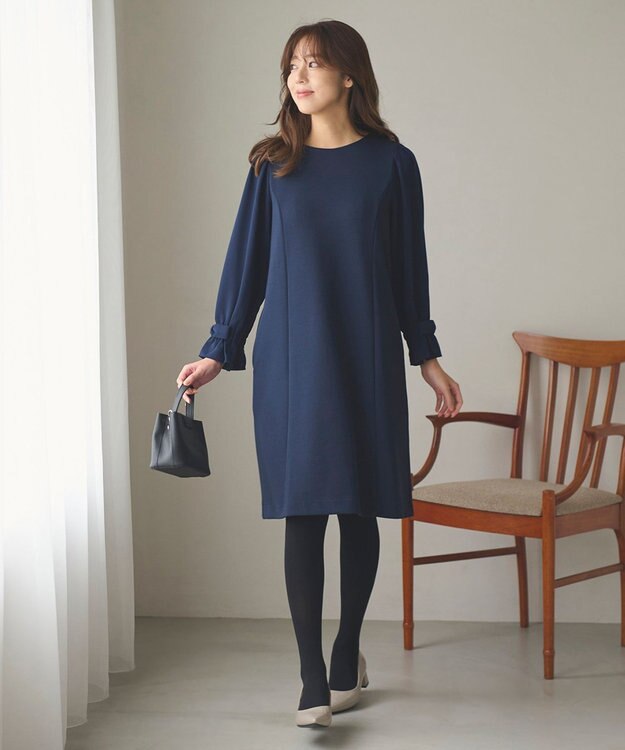 Feroux 【洗える】リボンスリーブダンボール ワンピース ネイビー系