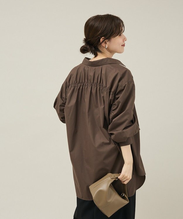 Green Parks イージーケア袖シャーリングシャツ Brown