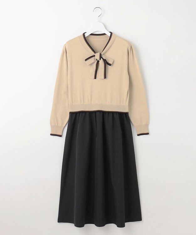 Feroux 【洗える】ニットドッキング ボウタイワンピース ベージュ系