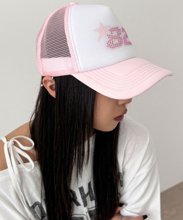 WEGO ナンバリングラインストーンメッシュキャップ ライトピンク