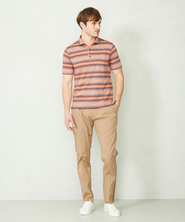 JOSEPH ABBOUD 【キングサイズ・吸水速乾】リネンマルチボーダー ポロシャツ オレンジ系2