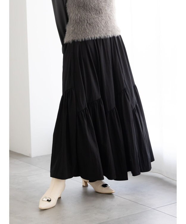 Te chichi マットタフタバイヤスティアードスカート ブラック