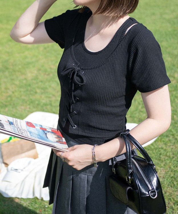 WEGO レイヤードレースアップトップス ブラック