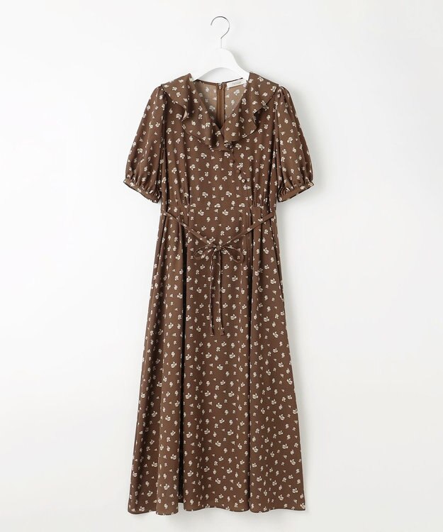 Feroux カシュクールデザイン 小花プリントワンピース ダークブラウン系