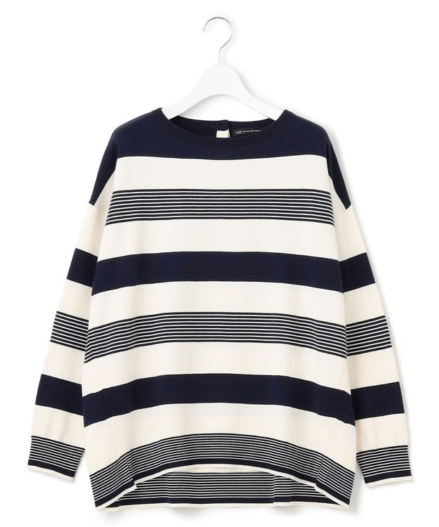 23区 L 【洗える】ウールコットンストレッチ オーバーサイズ ニット ネイビー×オフボーダー