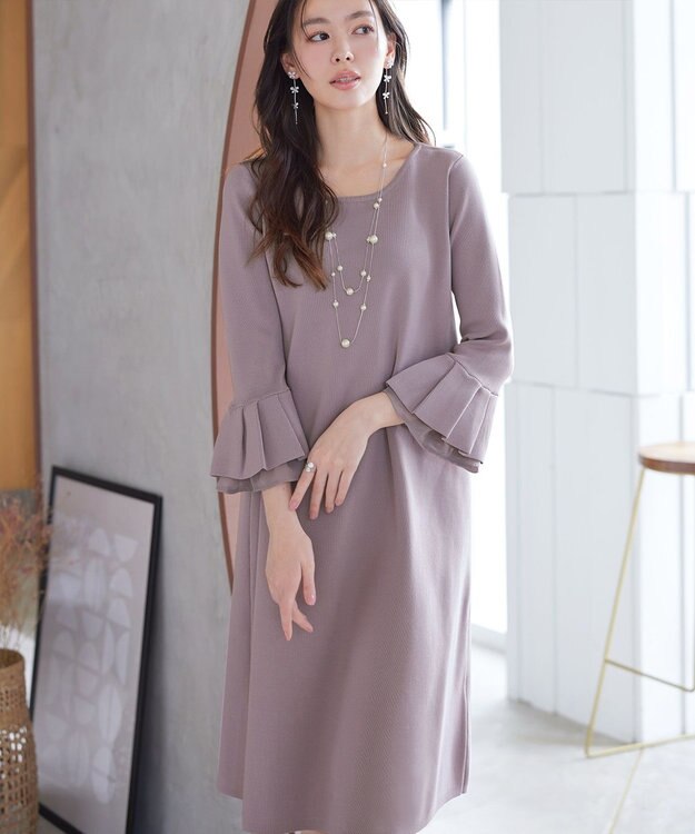 Tiaclasse シフォンフレア袖スポンジニットワンピース グレージュ