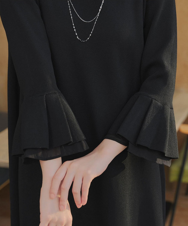 Tiaclasse シフォンフレア袖スポンジニットワンピース ブラック