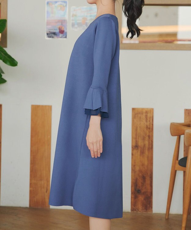 Tiaclasse シフォンフレア袖スポンジニットワンピース ブルー