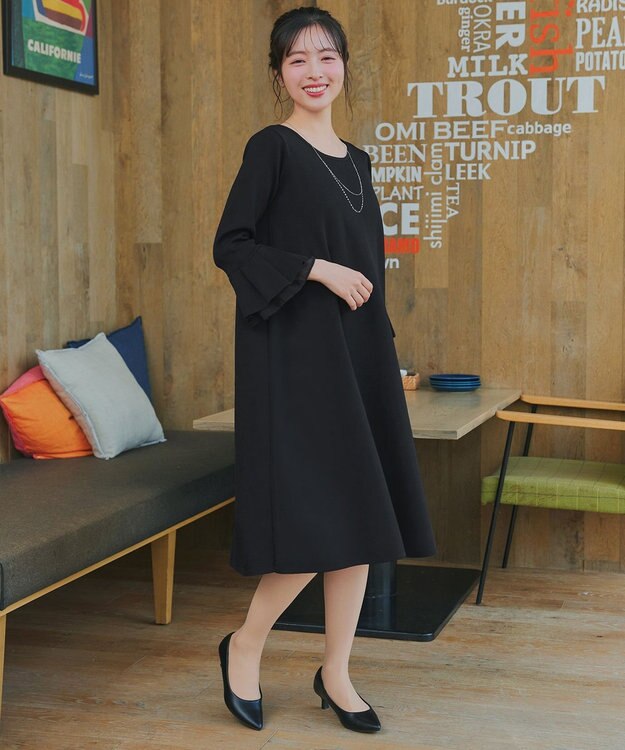 Tiaclasse シフォンフレア袖スポンジニットワンピース ブラック