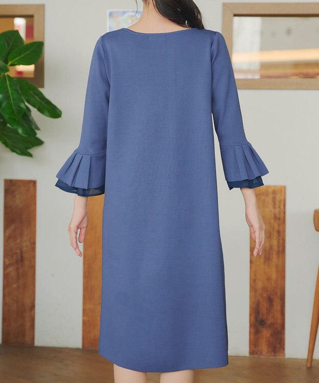 Tiaclasse シフォンフレア袖スポンジニットワンピース ブルー