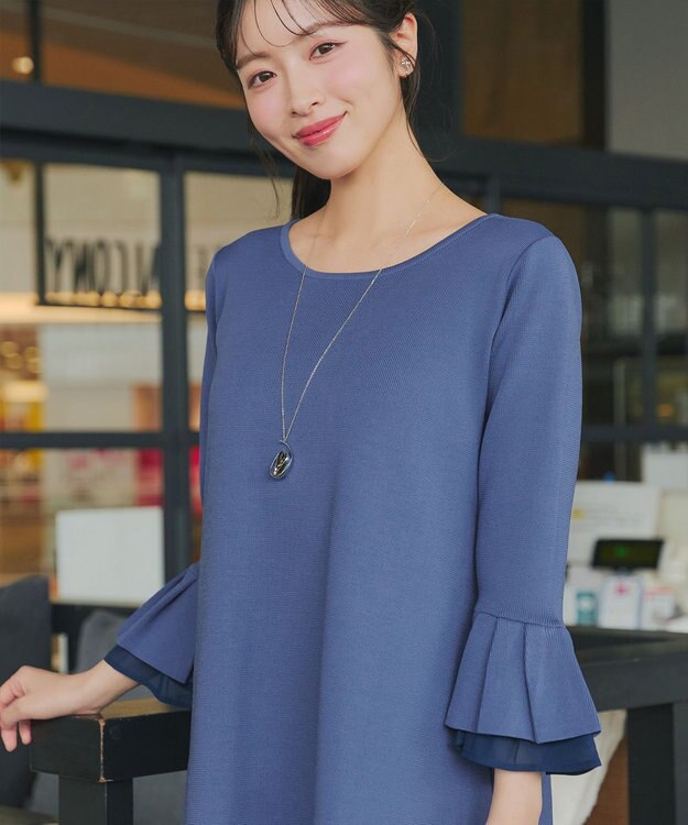 Tiaclasse シフォンフレア袖スポンジニットワンピース ブルー