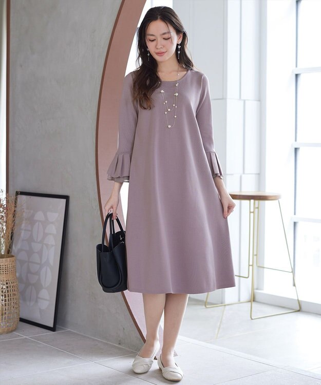 Tiaclasse シフォンフレア袖スポンジニットワンピース グレージュ