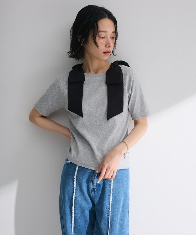 Green Parks ・ｓｗｉｎｇ　ｂｙ　ショルダーリボンリブカットソー Gray Mixture