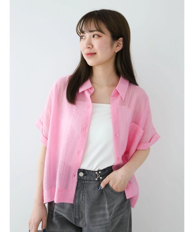 Green Parks シアーストライプショート丈シャツ Pink