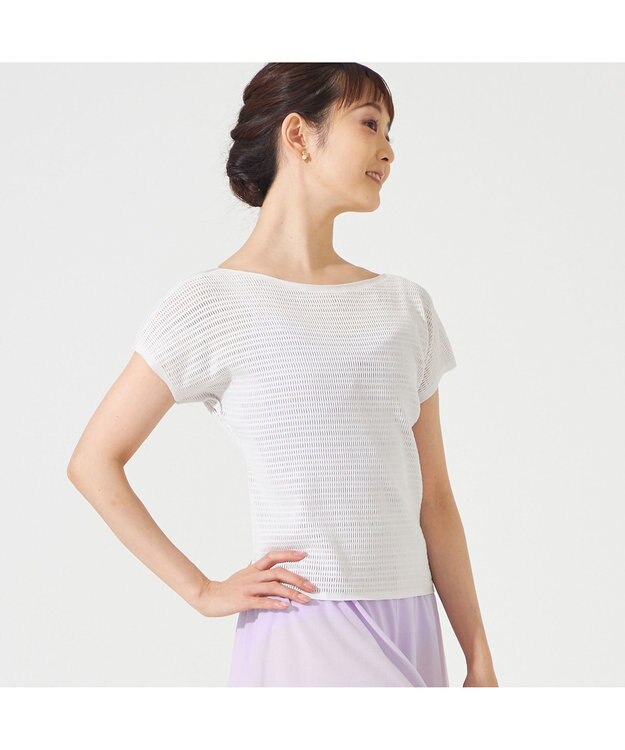 Chacott 【ノーソーイングニット】ボートネックメッシュTシャツ パールグレー