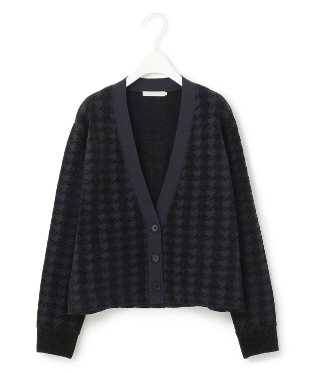 ICB L 【洗える】ハウンドトゥースパターン Vネックカーディガン ネイビー系