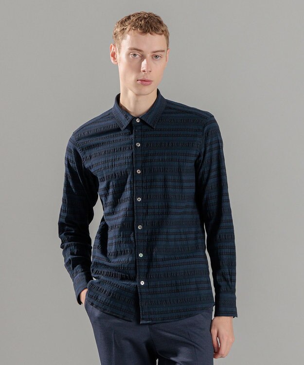 JOSEPH HOMME レボソジャガードストレッチ　レギュラーカラーシャツ ネイビー系