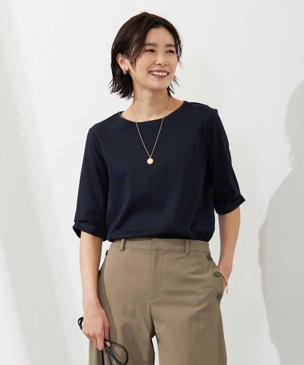 J.PRESS LADIES 【接触冷感・UVケア】スムースジャージー タックスリーブ カットソー ネイビー系