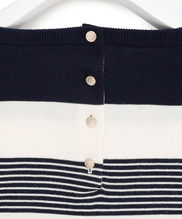 23区 L 【洗える】ウールコットンストレッチ オーバーサイズ ニット ネイビー×オフボーダー