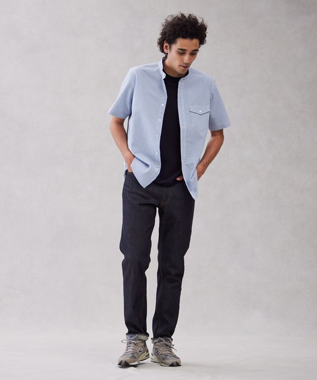 J.PRESS MEN 【クールマックス】サッカーマルチストライプ バンドカラーシャツ サックスブルー系1