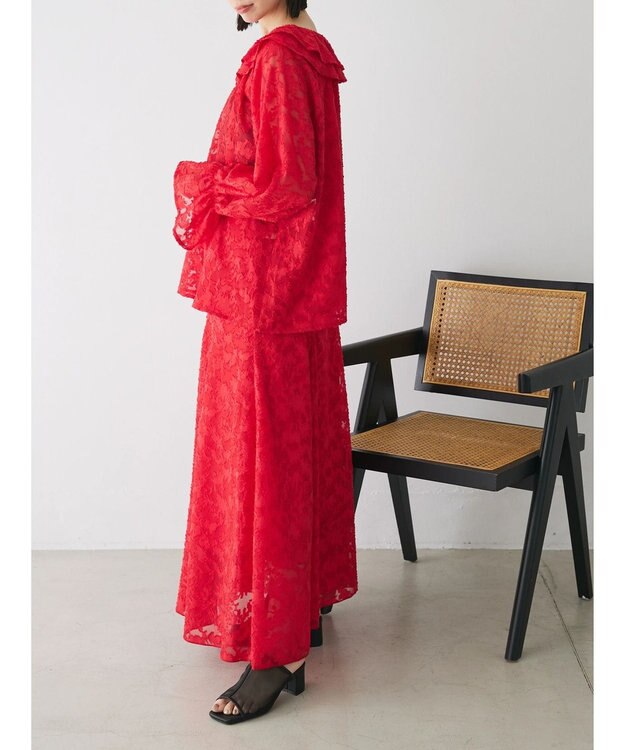 Green Parks シアージャガード花柄フリルブラウス Red