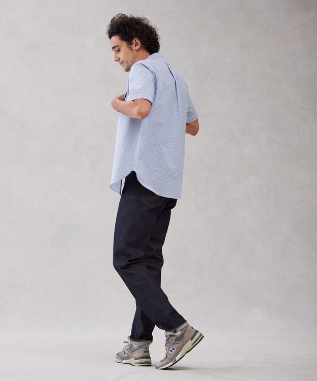 J.PRESS MEN 【クールマックス】サッカーマルチストライプ バンドカラーシャツ サックスブルー系1