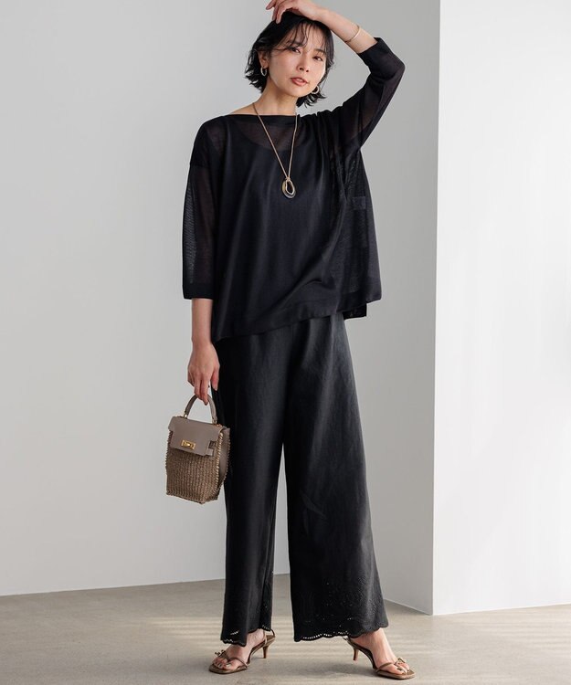 23区 L 【洗える】リネンエンブロイダリー ワイドパンツ ブラック系