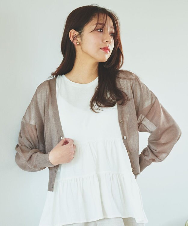 Feroux 【洗える】Vネックシアー カーデ キャメル系