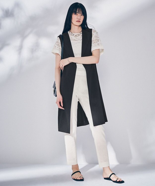 23区 L 【洗える】リネンレーヨンストレッチ テーパード パンツ ホワイト系