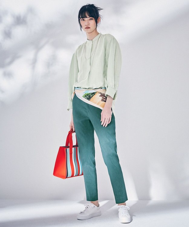 23区 L 【洗える】リネンレーヨンストレッチ テーパード パンツ ピーコックグリーン系