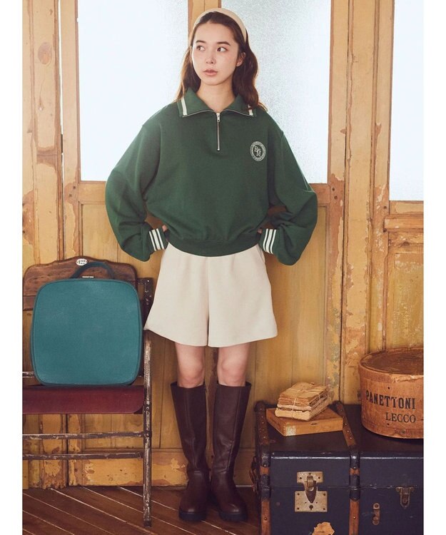 earth music&ecology ハーフＺＩＰサークルロゴ刺繍裏毛プルオーバー Green