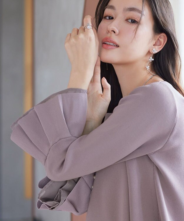 Tiaclasse シフォンフレア袖スポンジニットワンピース グレージュ