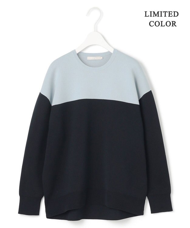 ICB 【WEB限定カラーあり・洗える】コットンポリエステルスムース  ニットプルオーバー サックスブルー×ネイビー系［WEB限定］