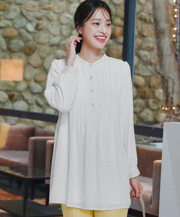 Tiaclasse 【スマート裏起毛・新色追加】 ピンタックシャツチュニック オフホワイト