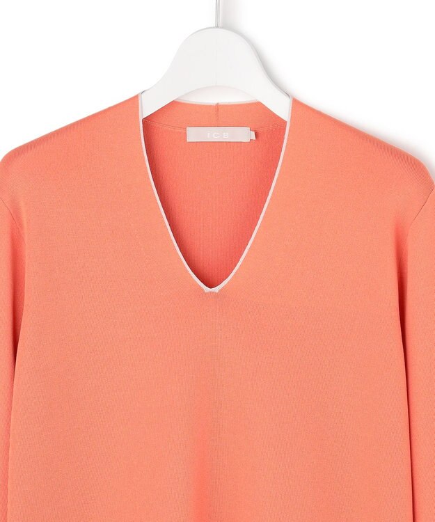 ICB L シンセティックフルニードル Vネックニット ライトコーラル×トープライン