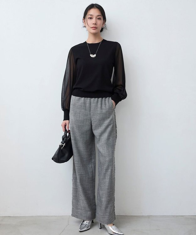 ICB 【洗える】 ライトスラブツイード ワイドパンツ ブラック×オフホワイト系