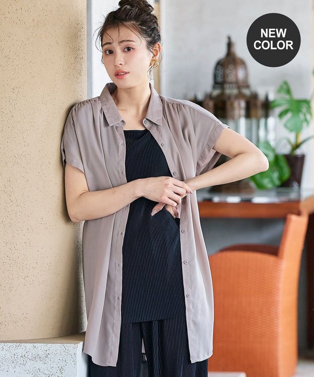 Tiaclasse L 【洗える】フレンチスリーブシャツチュニックブラウス グレージュ