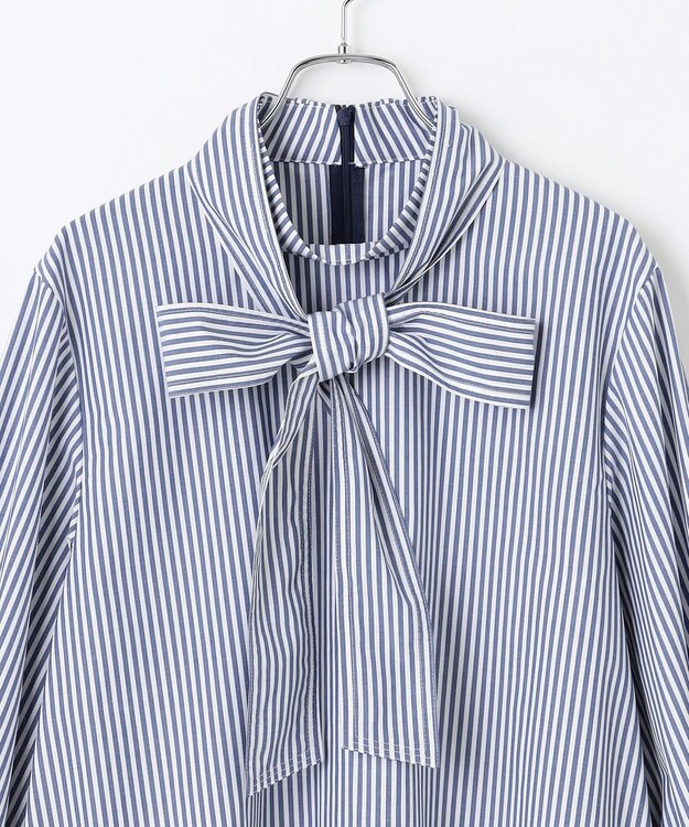 #Newans 【洗濯機可】ステッチデザインリボンタイブラウス ネイビーストライプ