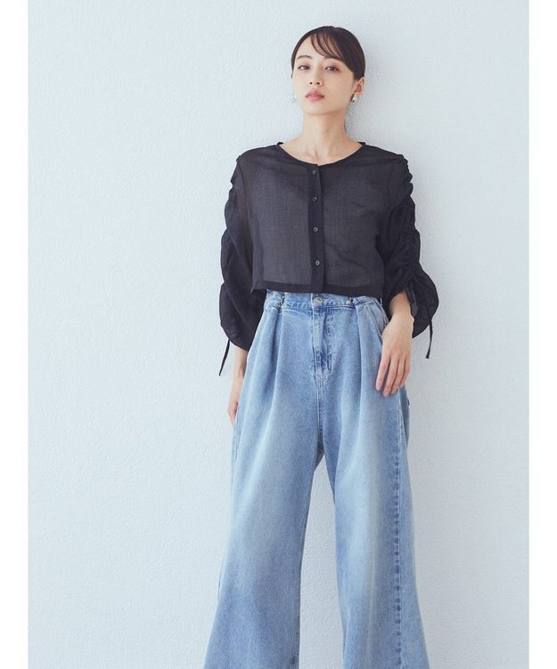 earth music&ecology キラキラシアーギャザーシャツ Black