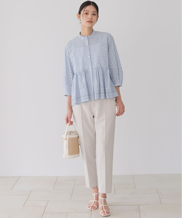 組曲 エンブロイダリーレーススタンドネック ブラウス クラウディブルー系