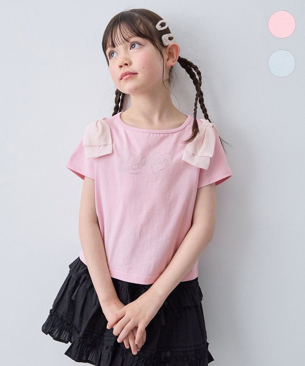 ANY KIDS 【綿100%】肩リボン×ラインストーンロゴ 半袖Tシャツ ピンク