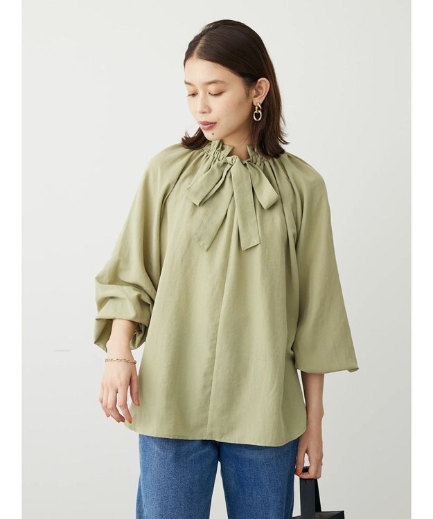 Green Parks スタンドフリルボウタイブラウス Green